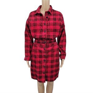 FADS 80s Corduroy Cotton Plaid Red Shirt Dress Buffalo Check Vintage Midi
